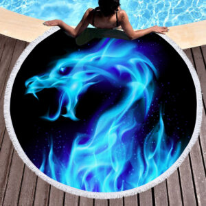 Round Beach Towel, Novelty gift fire dragon swimming beach towel tapestry round floor mat tassels Photography props, 150cm